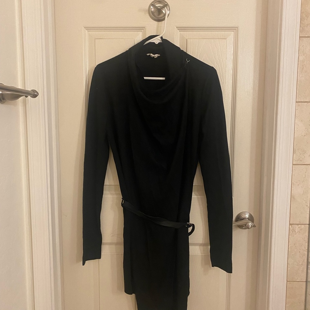 Helmut Lang Black Cardigan with Drape Neck and Waist Tie